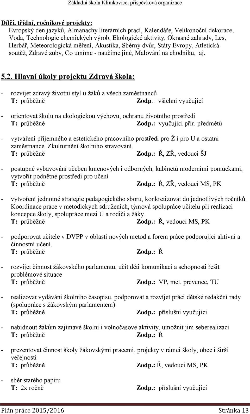 Hlavní úkoly projektu Zdravá škola: - rozvíjet zdravý životní styl u žáků a všech zaměstnanců T: průběžně Zodp.