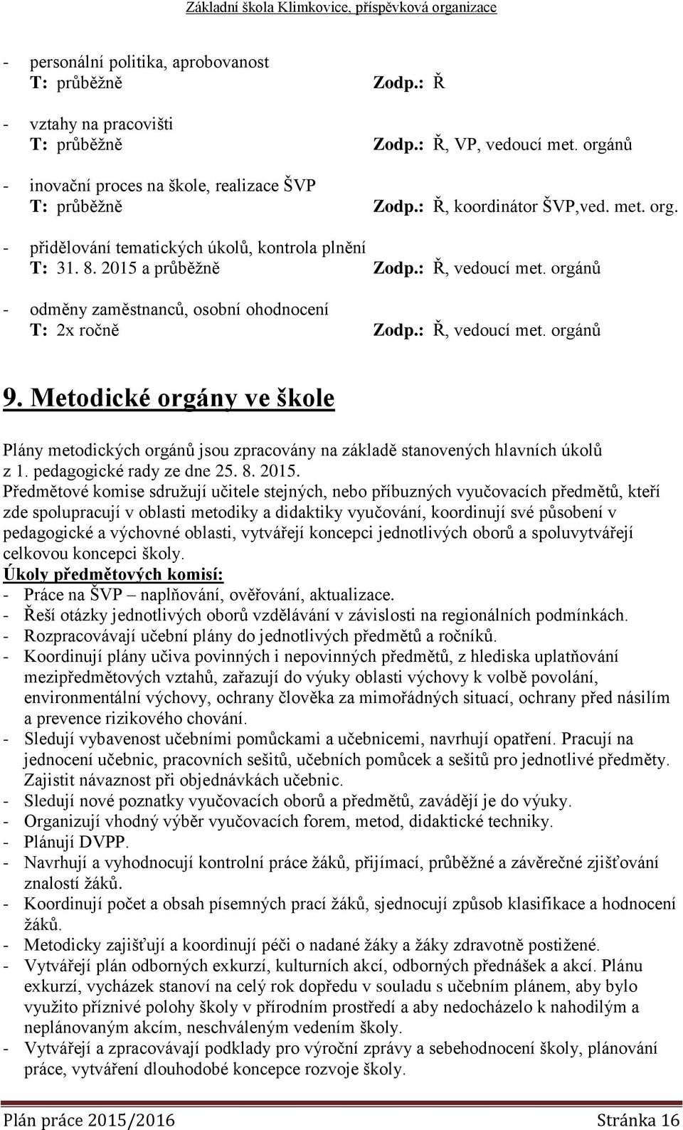 : Ř, vedoucí met. orgánů 9. Metodické orgány ve škole Plány metodických orgánů jsou zpracovány na základě stanovených hlavních úkolů z 1. pedagogické rady ze dne 25. 8. 2015.