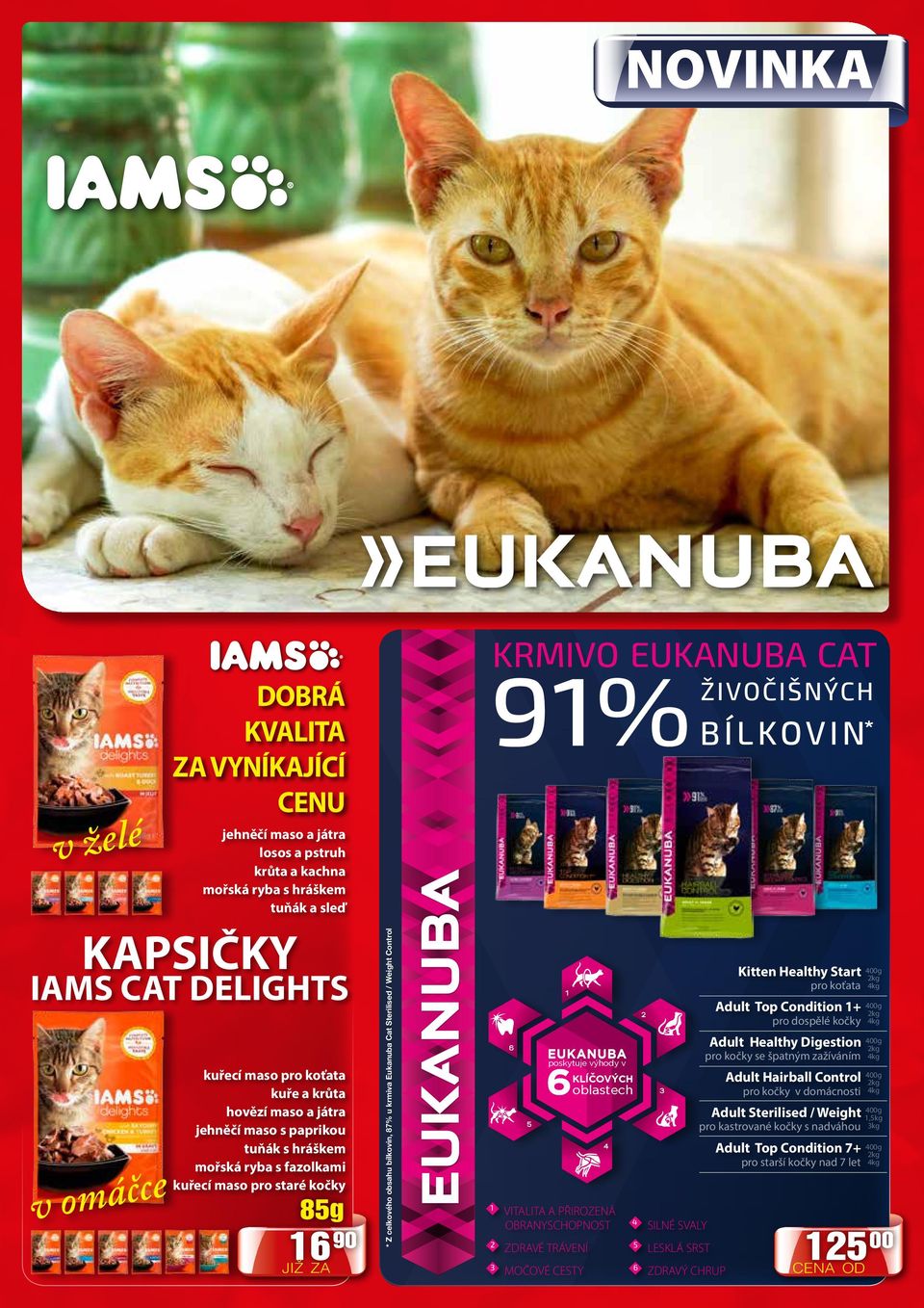 bílkovin, 87% u krmiva Eukanuba Cat Sterilised / Weight Control KRMIVO EUKANUBA CAT 91% ŽIVOČIŠNÝCH BÍLKOVIN 6 5 1 VITALITA A PŘIROZENÁ OBRANYSCHOPNOST 3 MOČOVÉ CESTY 1 EUKANUBA poskytuje výhody v