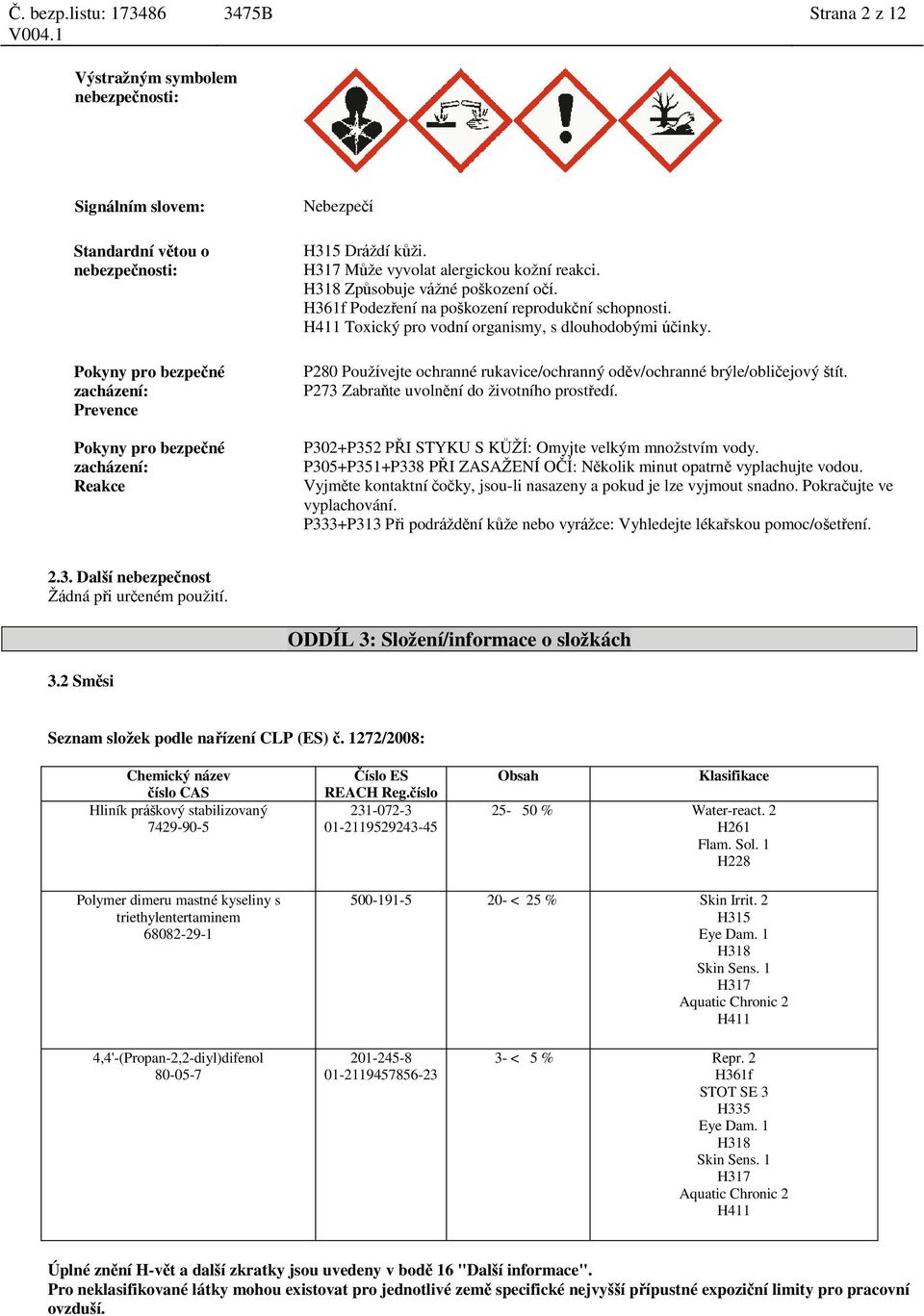 H411 Toxický pro vodní organismy, s dlouhodobými účinky. P280 Používejte ochranné rukavice/ochranný oděv/ochranné brýle/obličejový štít. P273 Zabraňte uvolnění do životního prostředí.