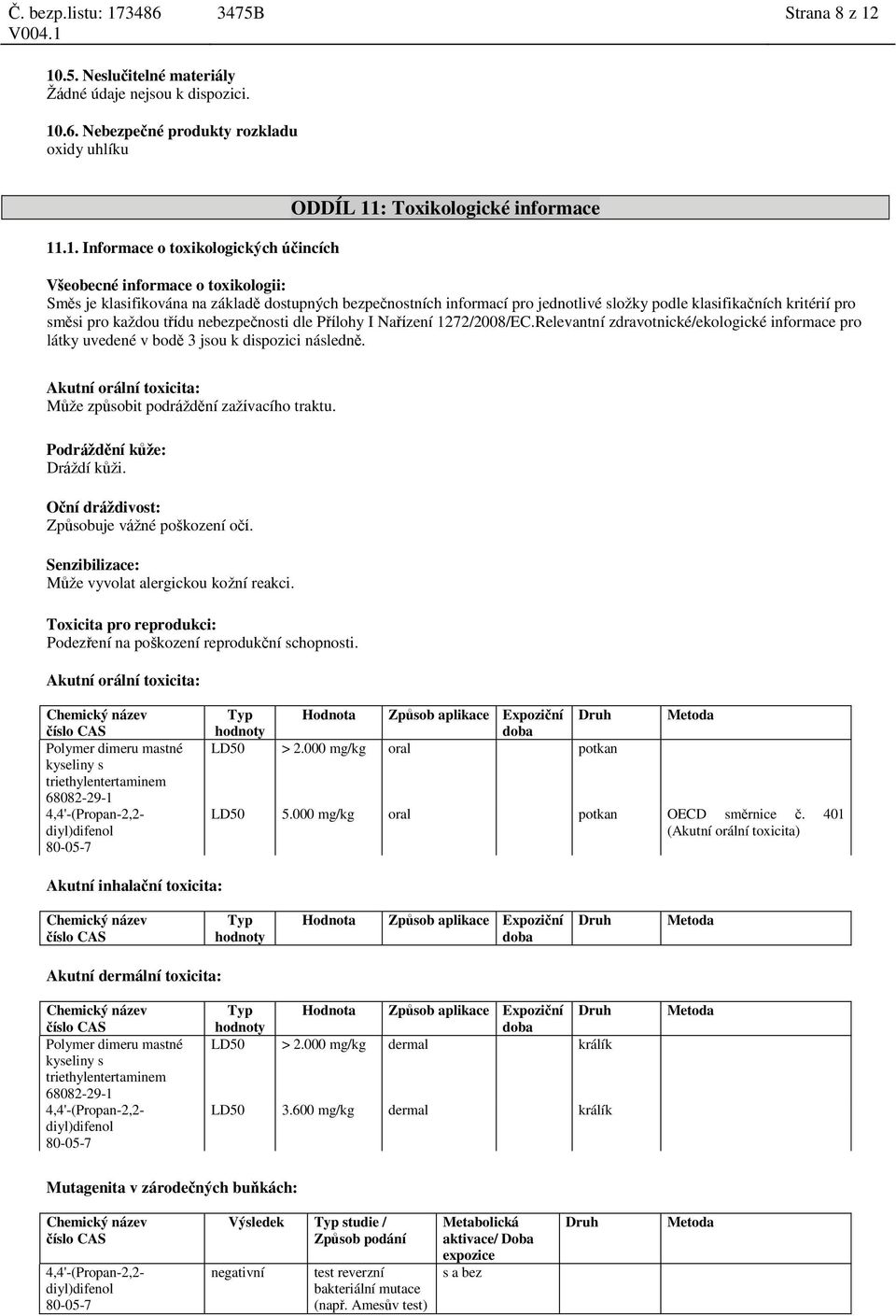 informace o toxikologii: Směs je klasifikována na základě dostupných bezpečnostních informací pro jednotlivé složky podle klasifikačních kritérií pro směsi pro každou třídu nebezpečnosti dle Přílohy