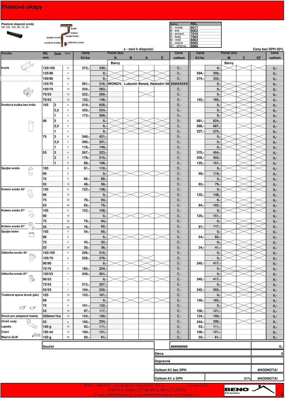 294,- 356,- 0,- 100/90 10 0,- 0,- 274,- 332,- 0,- 125/75 4 261,- BENO 316,- HRONOV, Lubomír Beneš, Nádražní 581, ######## 549 31.