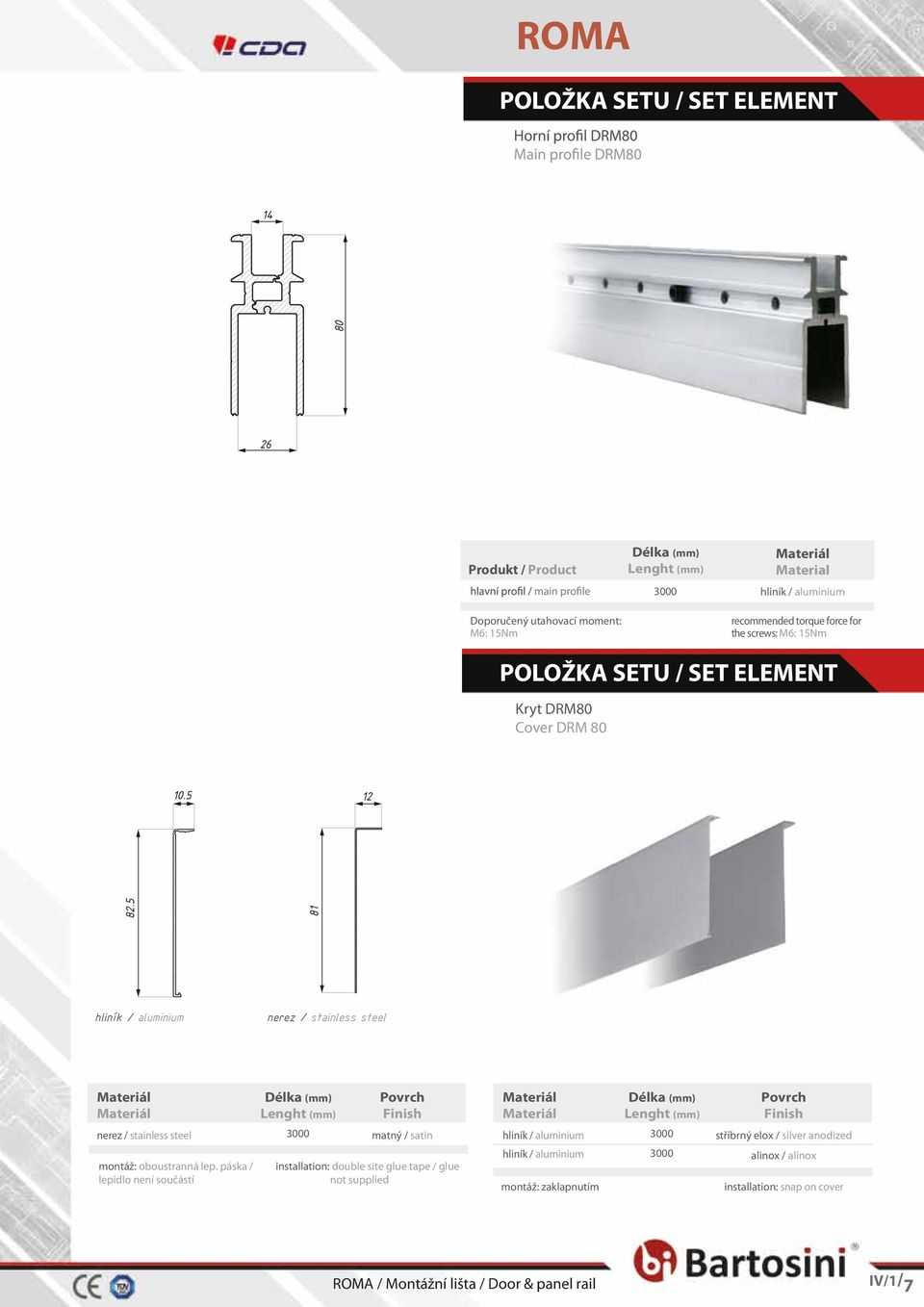 for the screws: M6: 5Nm POLOŽKA SETU / SET ELEMENT Kryt DRM0 Cover DRM 0 hliník / aluminium nerez / stainless steel nerez / stainless steel