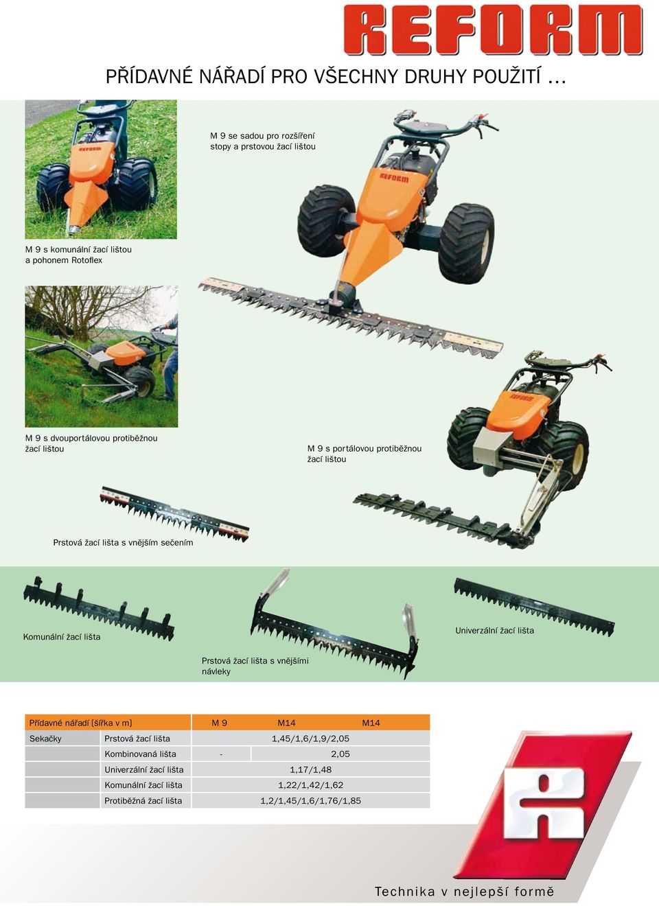 žací lišta Univerzální žací lišta Prstová žací lišta s vnějšími návleky Přídavné nářadí (šířka v m) M 9 M14 M14 Sekačky Prstová žací lišta