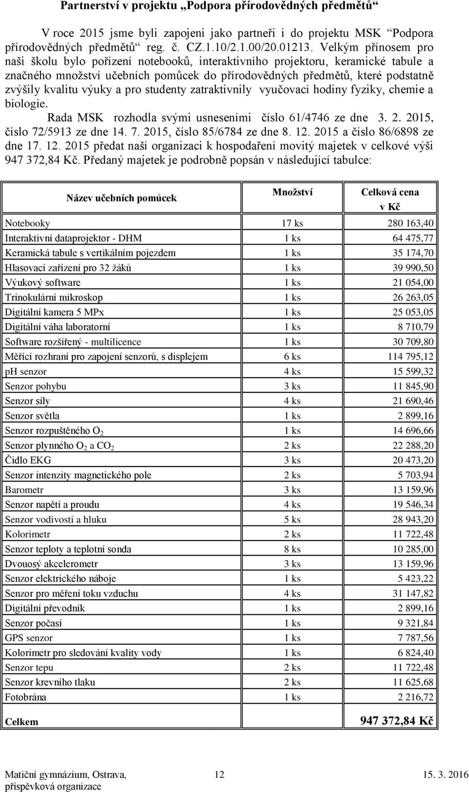 výuky a pro studenty zatraktivnily vyučovací hodiny fyziky, chemie a biologie. Rada MSK rozhodla svými usneseními číslo 61/4746 ze dne 3. 2. 2015, číslo 72/5913 ze dne 14. 7. 2015, číslo 85/6784 ze dne 8.