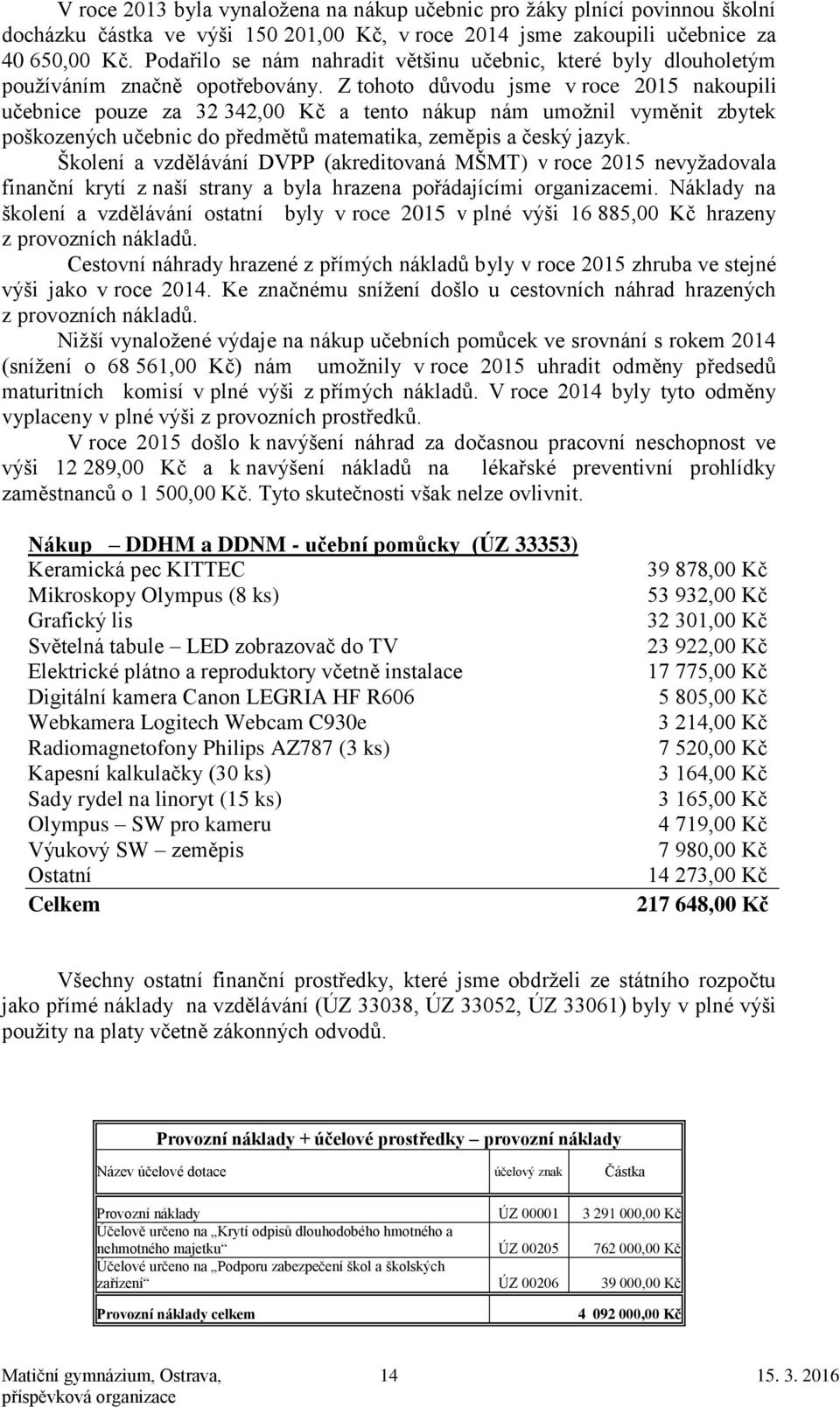 Z tohoto důvodu jsme v roce 2015 nakoupili učebnice pouze za 32 342,00 Kč a tento nákup nám umožnil vyměnit zbytek poškozených učebnic do předmětů matematika, zeměpis a český jazyk.