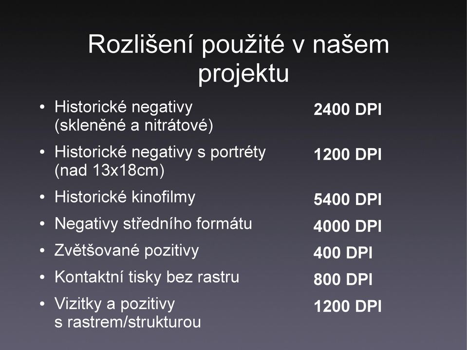 kinofilmy 5400 DPI Negativy středního formátu 4000 DPI Zvětšované pozitivy 400