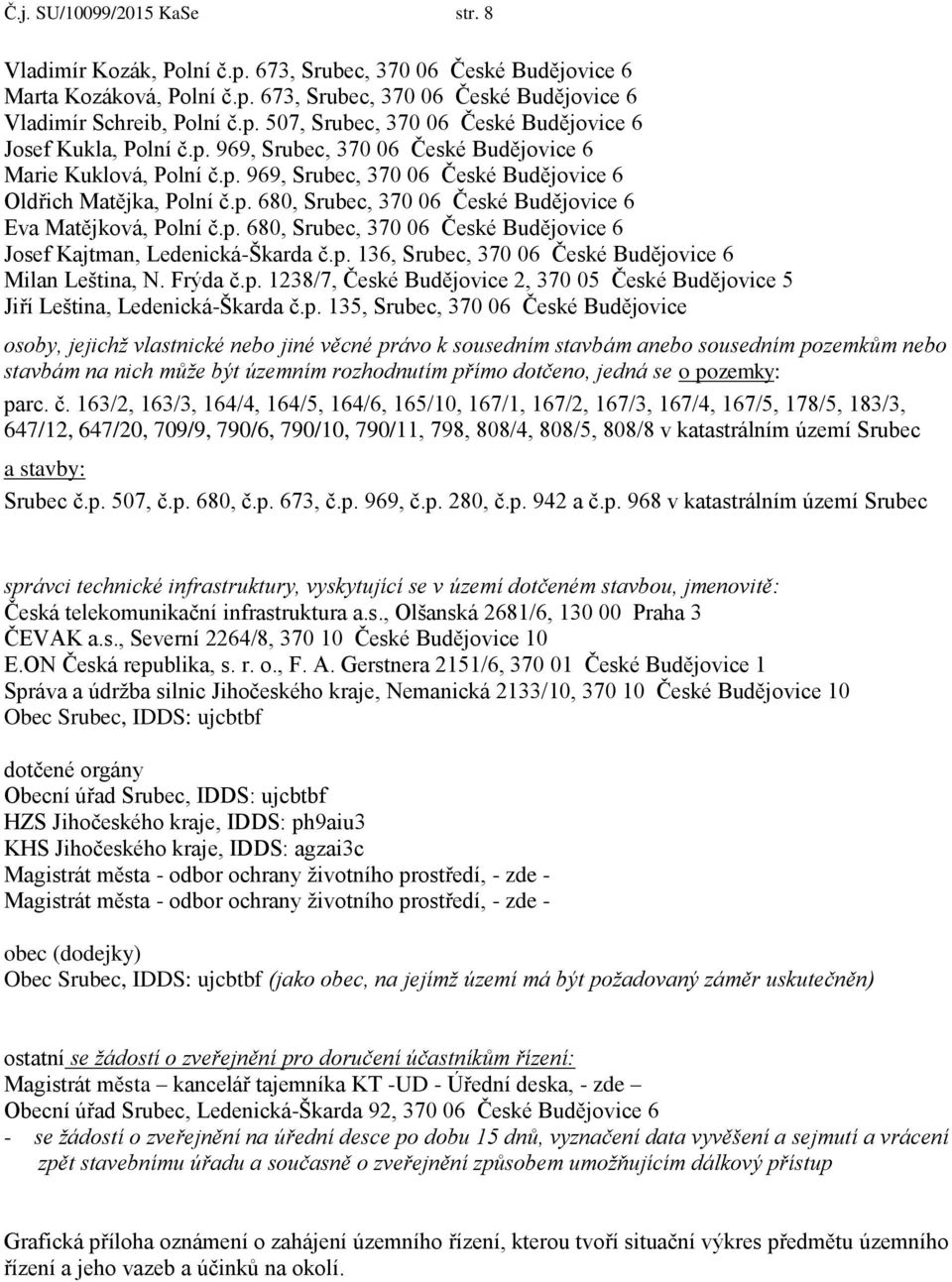 p. 136, Srubec, 370 06 České Budějovice 6 Milan Leština, N. Frýda č.p. 1238/7, České Budějovice 2, 370 05 České Budějovice 5 Jiří Leština, Ledenická-Škarda č.p. 135, Srubec, 370 06 České Budějovice