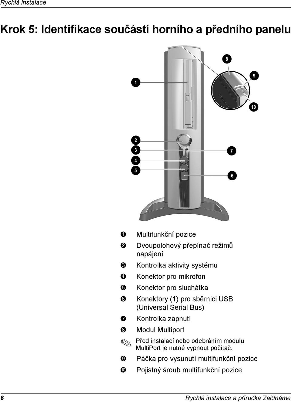 USB (Universal Serial Bus) 7 Kontrolka zapnutí 8 Modul Multiport Před instalací nebo odebráním modulu MultiPort je nutné