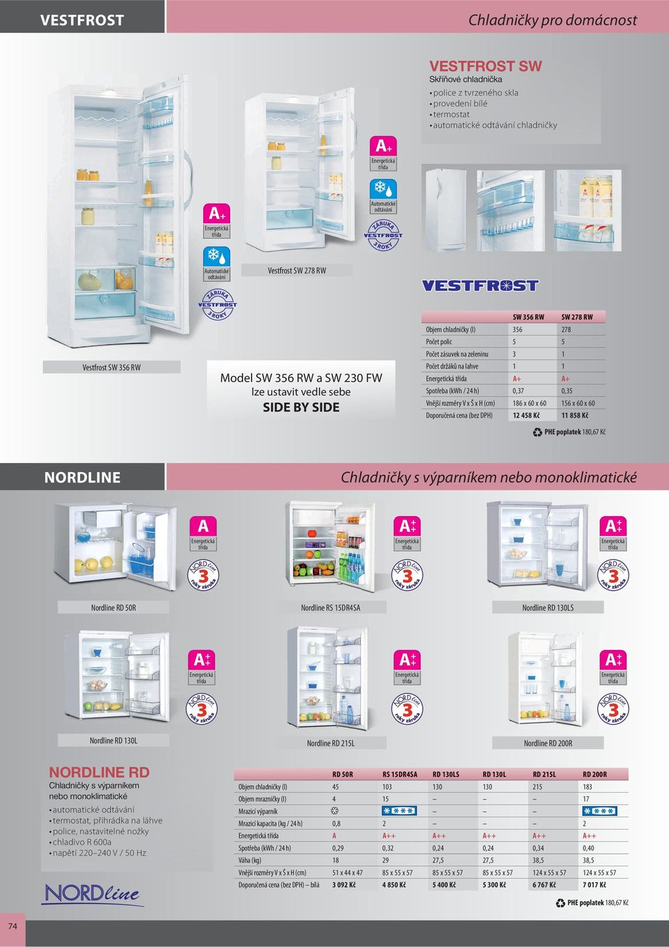 (kwh / 24 h) 0,7 0,5 Vnější rozměry V x Š x H (cm) 186 x 60 x 60 156 x 60 x 60 Doporučená cena (bez DPH) 12 458 Kč 11 858 Kč Chladničky s výparníkem nebo monoklimatické Nordline RD 50R Nordline RS