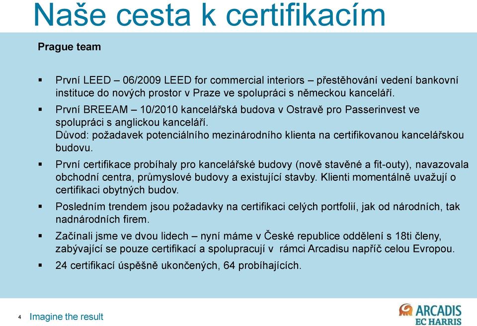 První certifikace probíhaly pro kancelářské budovy (nově stavěné a fit-outy), navazovala obchodní centra, průmyslové budovy a existující stavby.