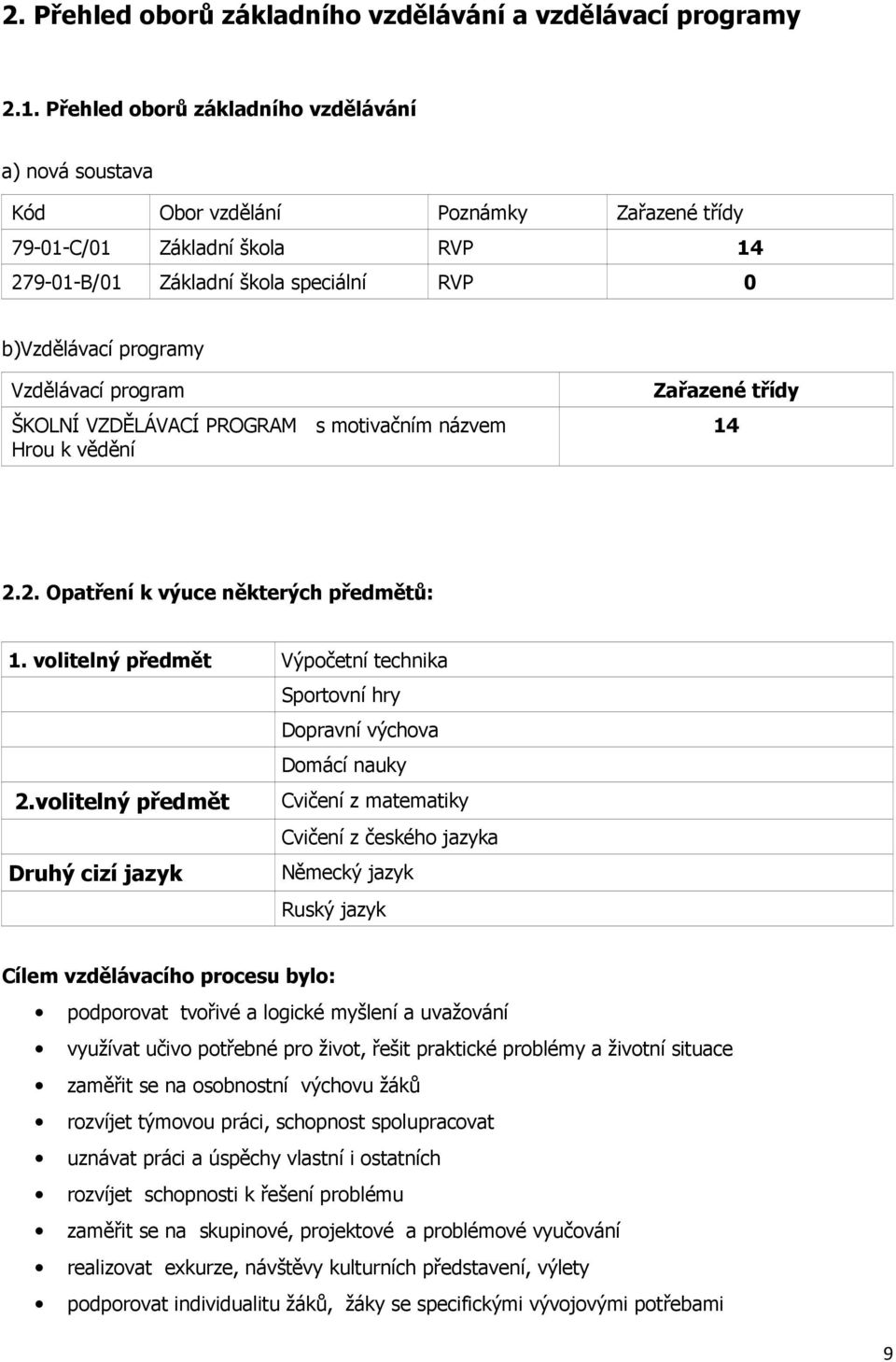 Vzdělávací program ŠKOLNÍ VZDĚLÁVACÍ PROGRAM s motivačním názvem Hrou k vědění Zařazené třídy 14 2.2. Opatření k výuce některých předmětů: 1.