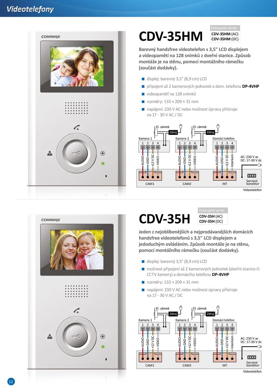 telefonu DP-VHP videopaměť na 18 snímků rozměry: 133 09 31 mm napájení: 30 V AC nebo možnost úpravy přístroje na 17-30 V AC / DC Kamera AC: 30 V ac CAM1 CAM INT CDV-35H Dostupné verze: CDV-35H (AC)