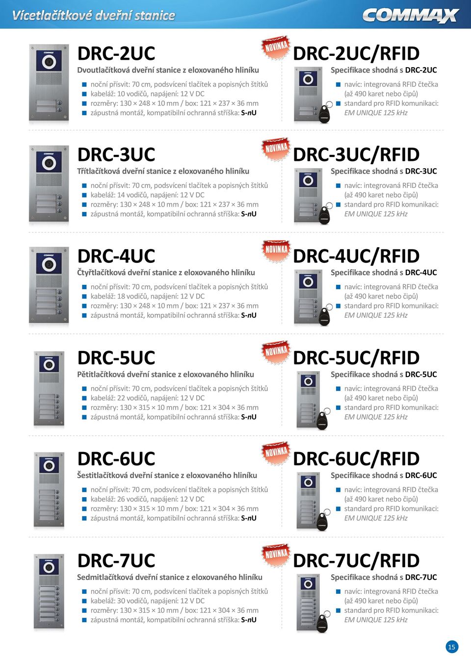 RFID komunikaci: EM UNIQUE 15 khz DRC-3UC Třítlačítková dveřní stanice z eloxovaného hliníku noční přísvit: 70 cm, podsvícení tlačítek a popisných štítků kabeláž: 1 vodičů, napájení: 1 V DC rozměry: