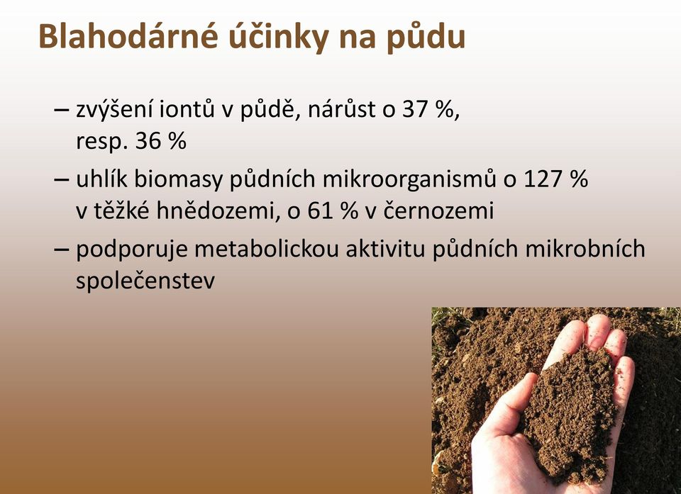 36 % uhlík biomasy půdních mikroorganismů o 127 % v