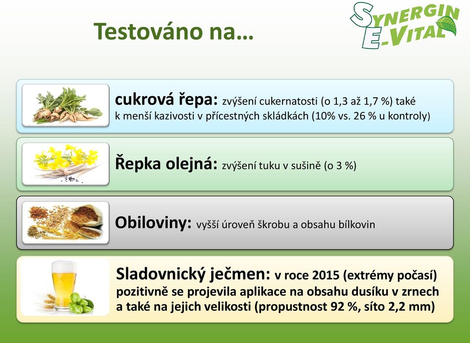 26 % u kontroly) Řepka olejná: zvýšení tuku v sušině (o 3 %) Obiloviny: vyšší úroveň škrobu a