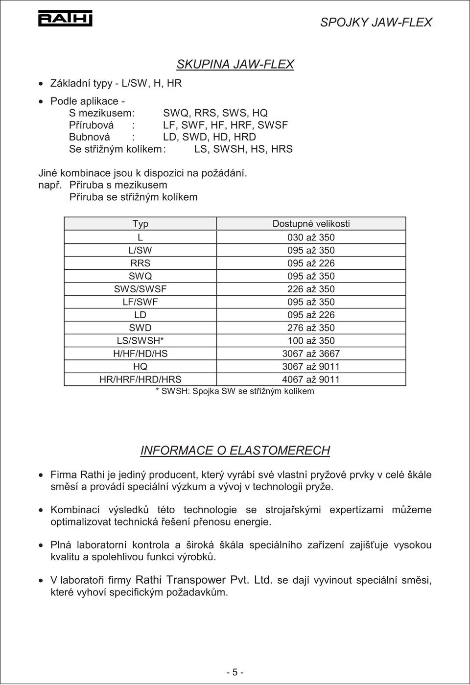 Píruba s mezikusem Píruba se stižným kolíkem Typ Dostupné velikosti L 030 až 350 L/SW 095 až 350 RRS 095 až 226 SWQ 095 až 350 SWS/SWSF 226 až 350 LF/SWF 095 až 350 LD 095 až 226 SWD 276 až 350