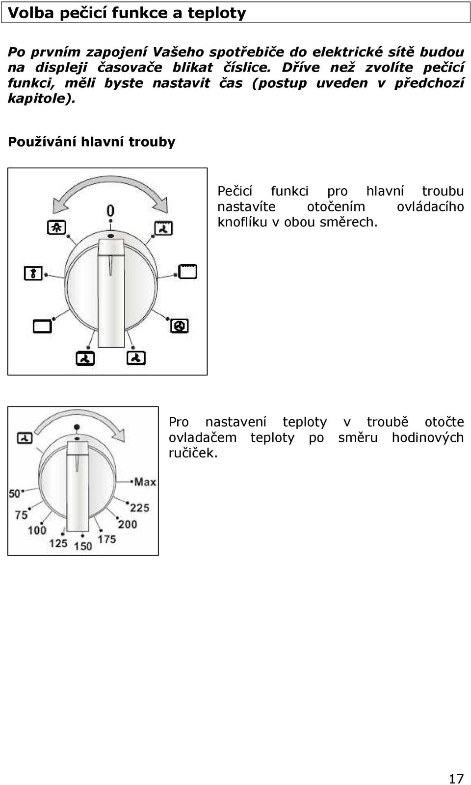 Dříve než zvolíte pečicí funkci, měli byste nastavit čas (postup uveden v předchozí kapitole).