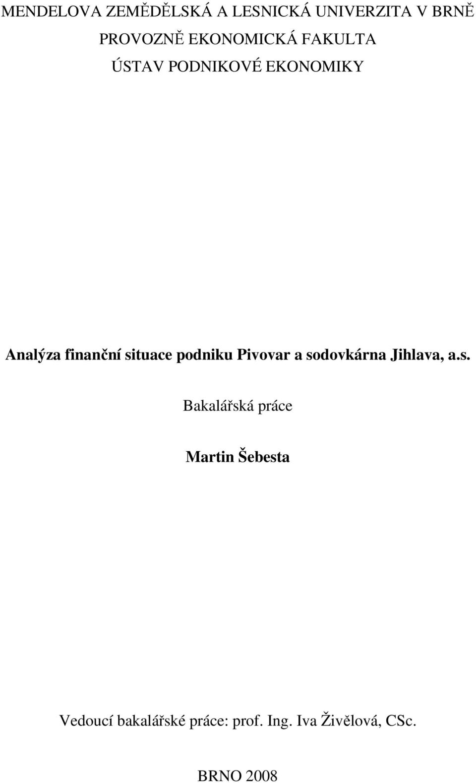 situace podniku Pivovar a sodovkárna Jihlava, a.s. Bakalářská práce Martin Šebesta Vedoucí bakalářské práce: prof.