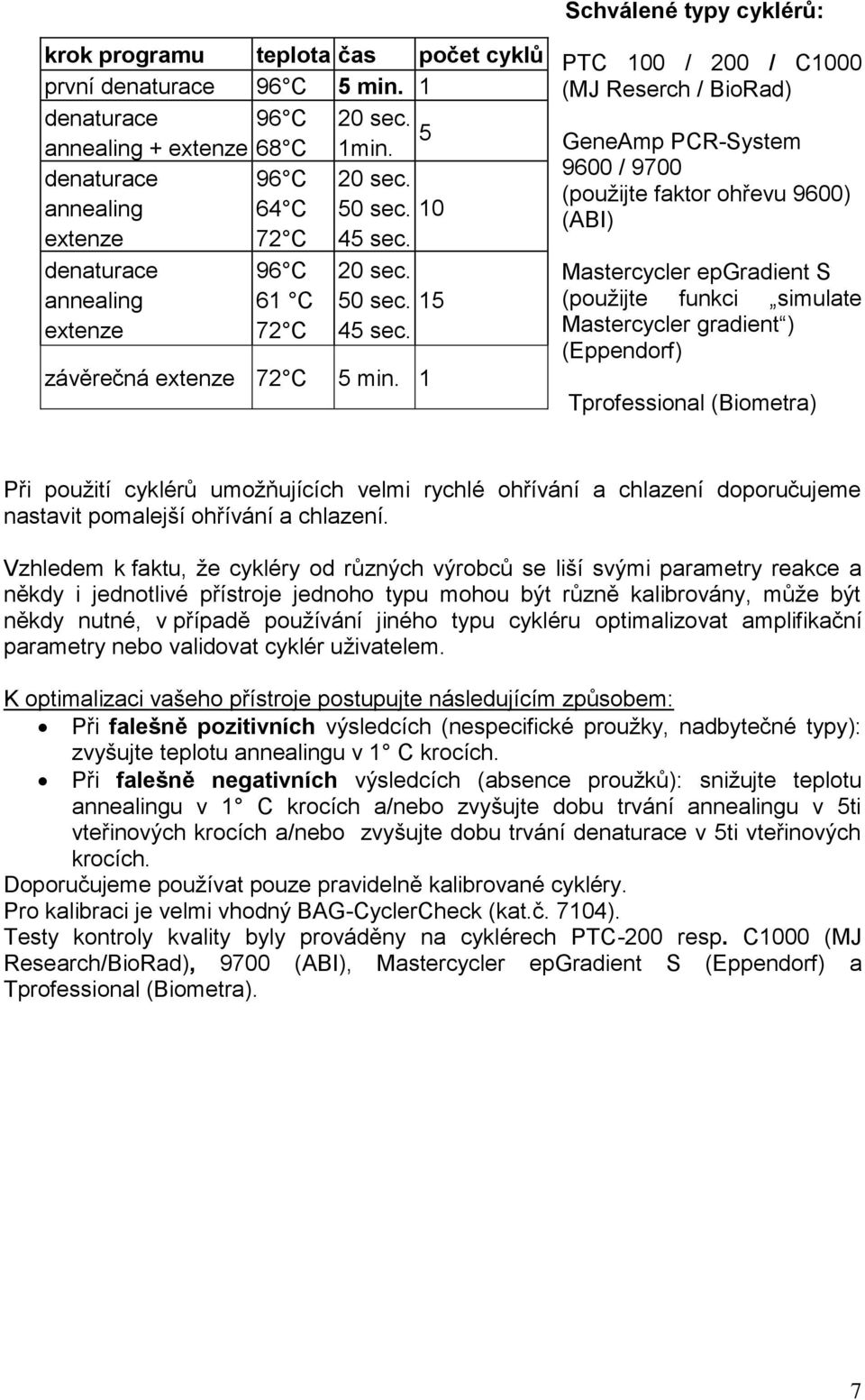 1 PTC 100 / 200 / C1000 (MJ Reserch / BioRad) GeneAmp PCR-System 9600 / 9700 (použijte faktor ohřevu 9600) (ABI) Mastercycler epgradient S (použijte funkci simulate Mastercycler gradient )