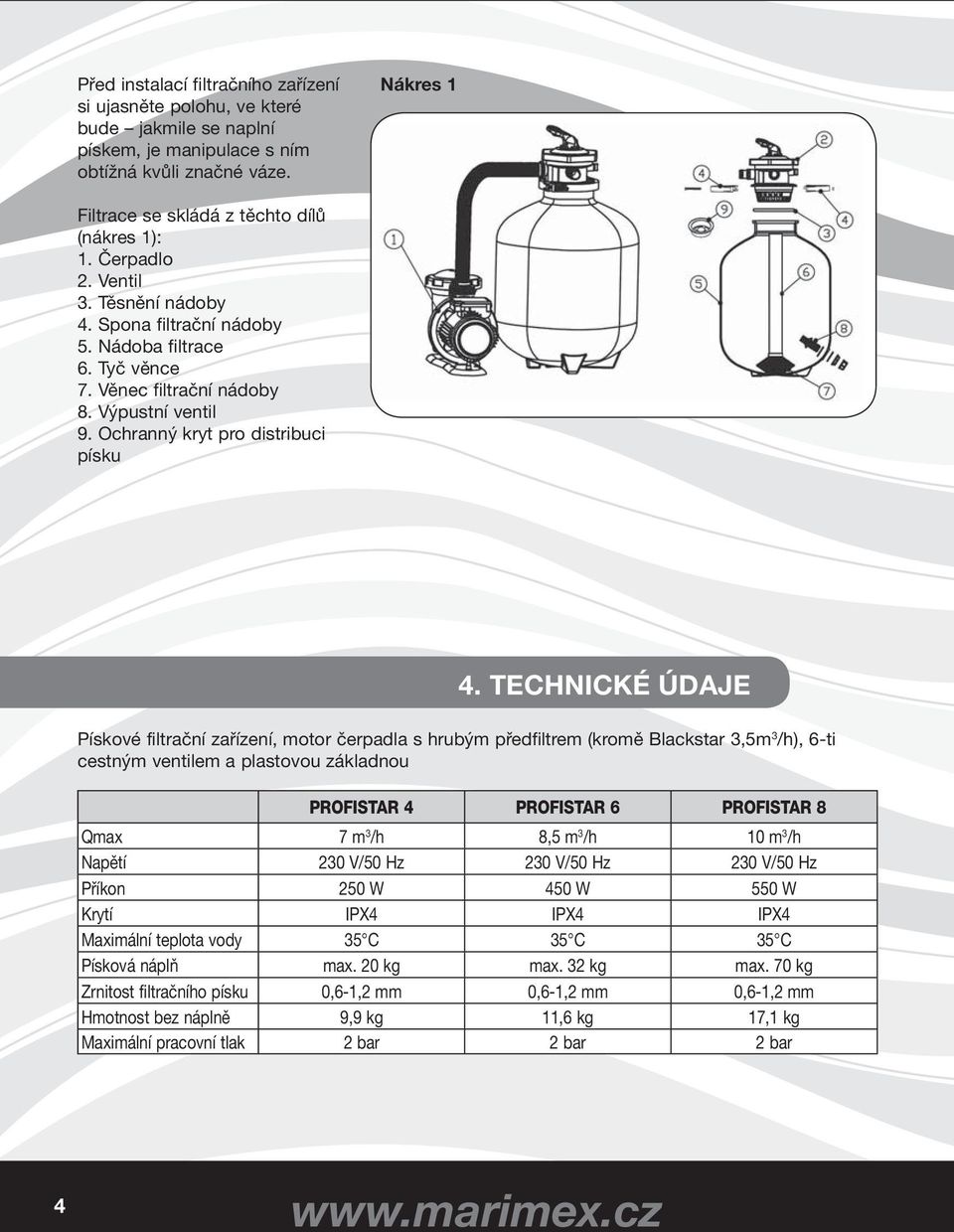 TECHNICKÉ ÚDAJE Pískové filtrační zařízení, motor čerpadla s hrubým předfiltrem (kromě Blackstar 3,5m 3 /h), 6-ti cestným ventilem a plastovou základnou PROFISTAR 4 PROFISTAR 6 PROFISTAR 8 Qmax 7 m 3
