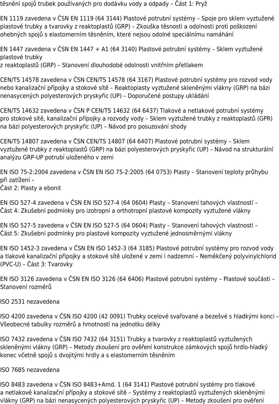 potrubní systémy Sklem vyztužené plastové trubky z reaktoplastů (GRP) Stanovení dlouhodobé odolnosti vnitřním přetlakem CEN/TS 14578 zavedena v ČSN CEN/TS 14578 (64 3167) Plastové potrubní systémy