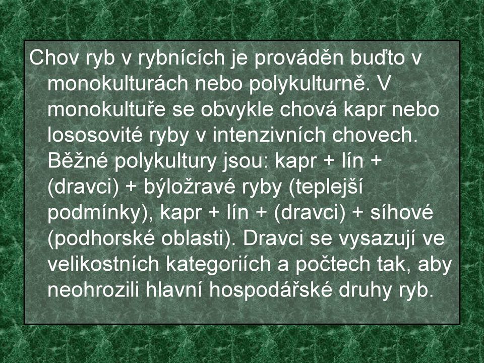 Běžné polykultury jsou: kapr + lín + (dravci) + býložravé ryby (teplejší podmínky), kapr + lín +