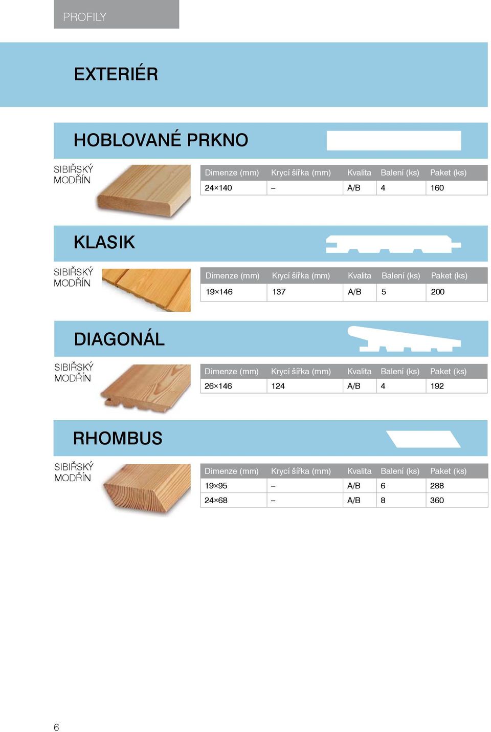 200 DIAGONÁL SIBIŘSKÝ MODŘÍN Dimenze (mm) Krycí šířka (mm) Kvalita Balení (ks) Paket (ks) 26 146 124 A/B 4 192