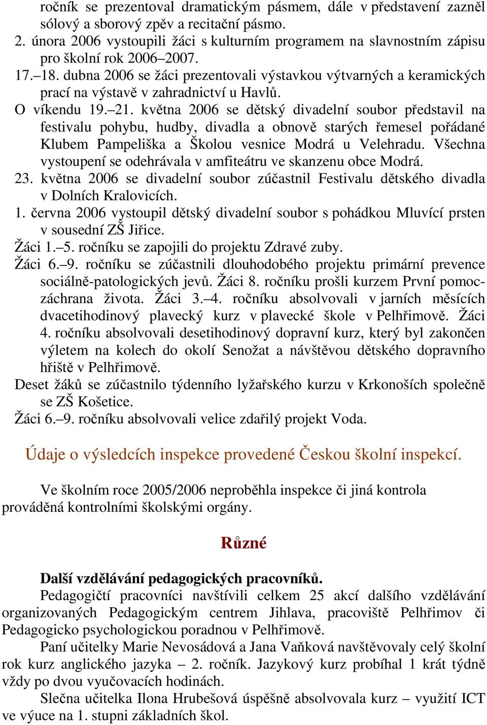 dubna 2006 se žáci prezentovali výstavkou výtvarných a keramických prací na výstavě v zahradnictví u Havlů. O víkendu 19. 21.