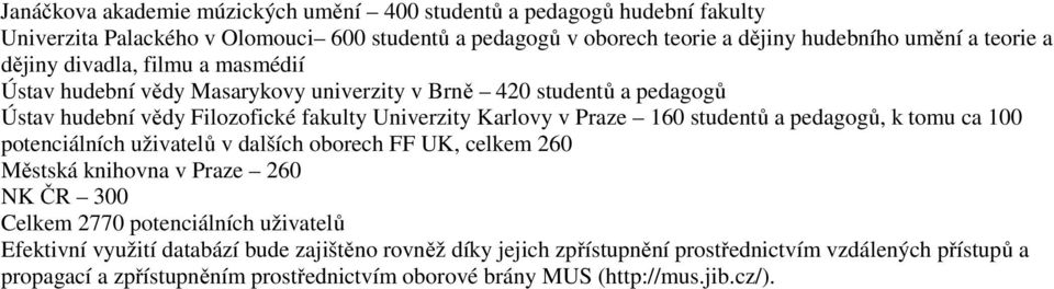 160 studentů a pedagogů, k tomu ca 100 potenciálních uživatelů v dalších oborech FF UK, celkem 260 Městská knihovna v Praze 260 NK ČR 300 Celkem 2770 potenciálních uživatelů