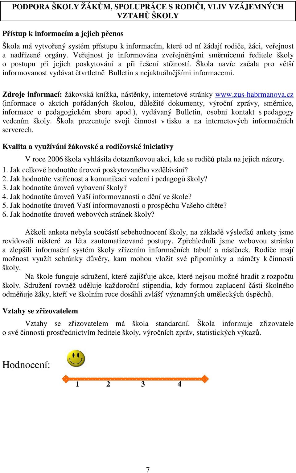 Škola navíc začala pro větší informovanost vydávat čtvrtletně Bulletin s nejaktuálnějšími informacemi. Zdroje informací: žákovská knížka, nástěnky, internetové stránky www.zus-habrmanova.