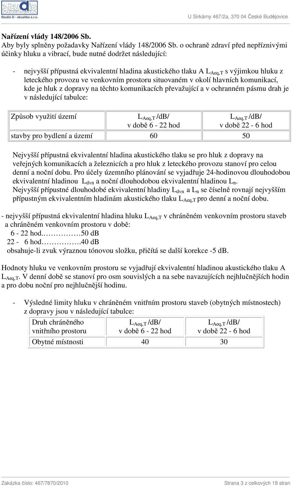 ve venkovním prostoru situovaném v okolí hlavních komunikací, kde je hluk z dopravy na těchto komunikacích převažující a v ochranném pásmu drah je v následující tabulce: Způsob využití území v době