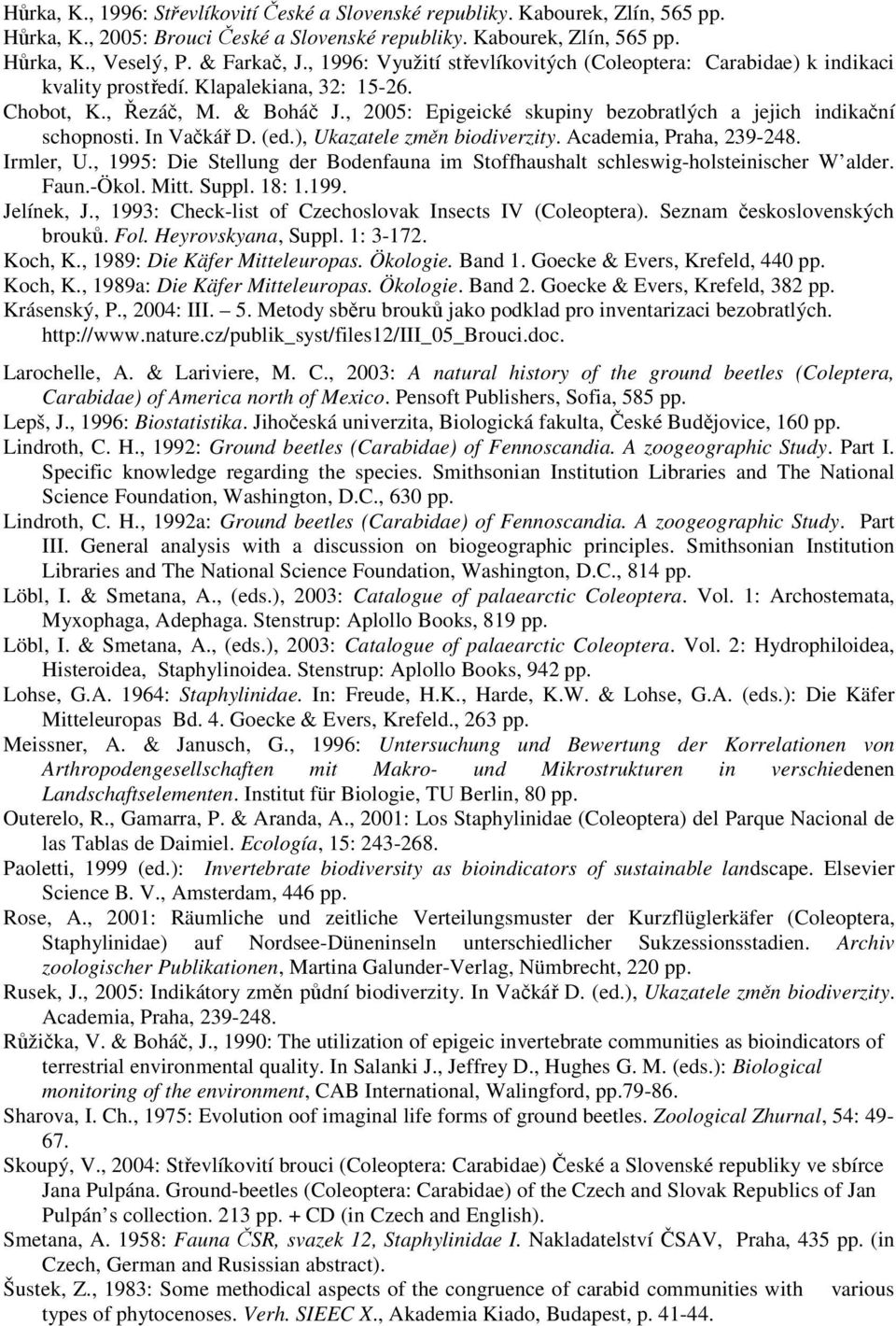 , 2005: Epigeické skupiny bezobratlých a jejich indikační schopnosti. In Vačkář D. (ed.), Ukazatele změn biodiverzity. Academia, Praha, 239-248. Irmler, U.