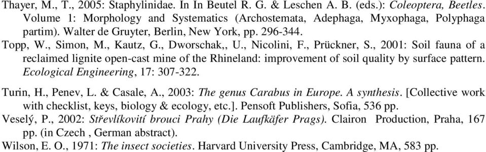 , 2001: Soil fauna of a reclaimed lignite open-cast mine of the Rhineland: improvement of soil quality by surface pattern. Ecological Engineering, 17: 307-322. Turin, H., Penev, L. & Casale, A.