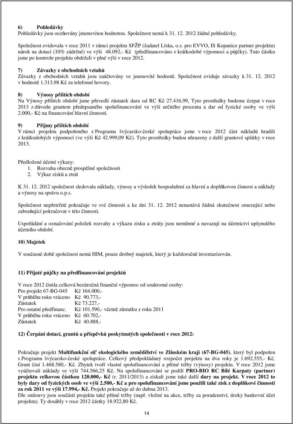 7) Závazky z obchodních vztahů Závazky z obchodních vztahů jsou zaúčtovány ve jmenovité hodnotě. Společnost eviduje závazky k 31. 12. 2012 v hodnotě 1.313,98 Kč za telefonní hovory.