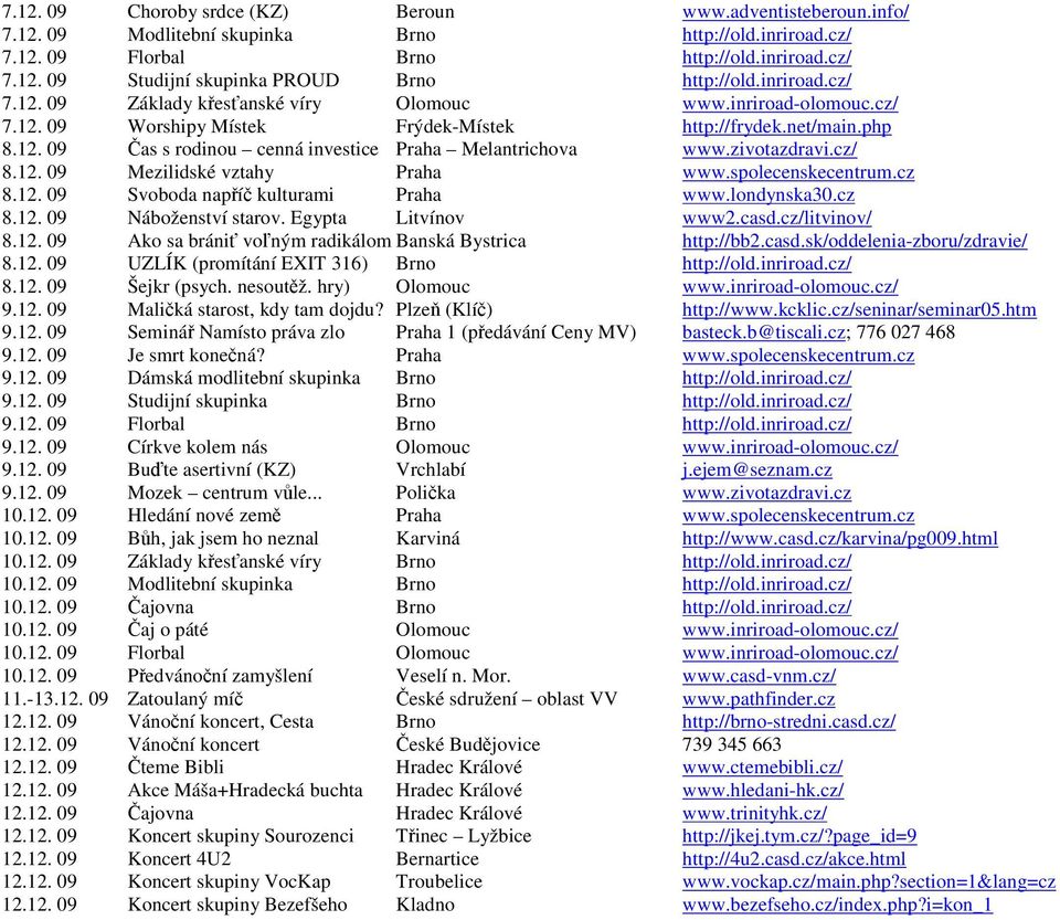 zivotazdravi.cz/ 8.12. 09 Mezilidské vztahy Praha www.spolecenskecentrum.cz 8.12. 09 Svoboda napříč kulturami Praha www.londynska30.cz 8.12. 09 Náboženství starov. Egypta Litvínov www2.casd.