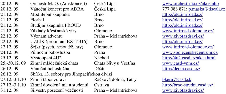 zivotazdravi.cz/ 22.12. 09 UZLÍK (promítání EXIT 316) Brno http://old.inriroad.cz/ 22.12. 09 Šejkr (psych. nesoutěž. hry) Olomouc www.inriroad-olomouc.cz/ 24.12. 09 Půlnoční bohoslužba Praha www.