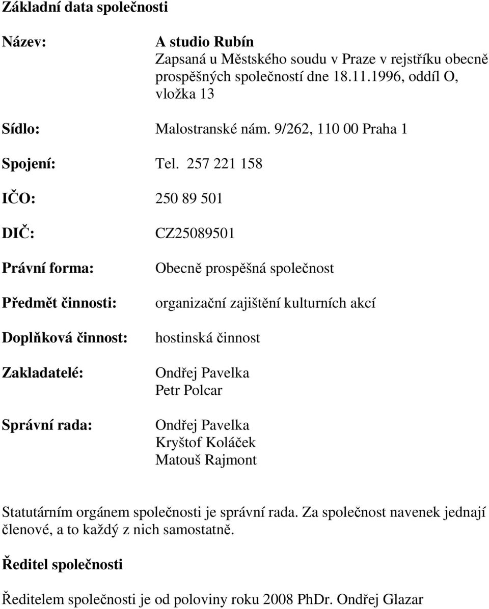 257 221 158 IČO: 25 89 51 DIČ: Právní forma: Předmět činnosti: Doplňková činnost: Zakladatelé: Správní rada: CZ258951 Obecně prospěšná společnost organizační zajištění