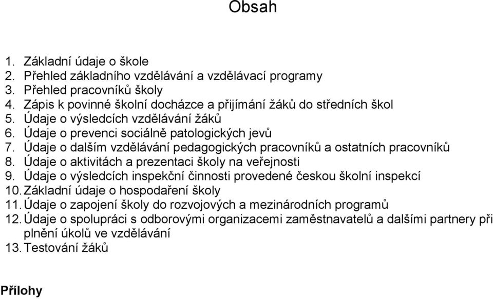 Údaje o dalším vzdělávání pedagogických pracovníků a ostatních pracovníků 8. Údaje o aktivitách a prezentaci školy na veřejnosti 9.