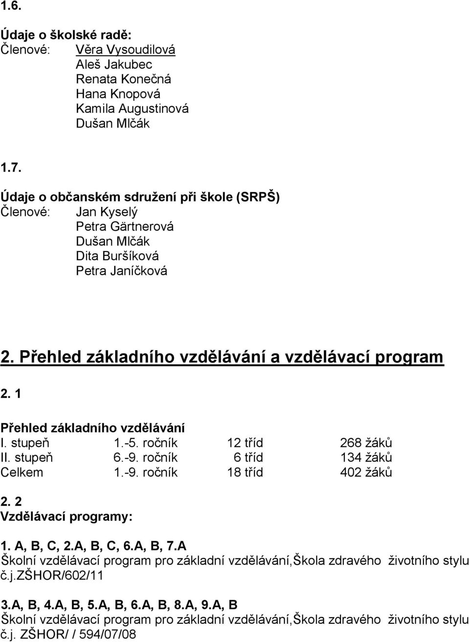 1 Přehled základního vzdělávání I. stupeň 1.-5. ročník 12 tříd 268 žáků II. stupeň 6.-9. ročník 6 tříd 134 žáků Celkem 1.-9. ročník 18 tříd 402 žáků 2. 2 Vzdělávací programy: 1. A, B, C, 2.