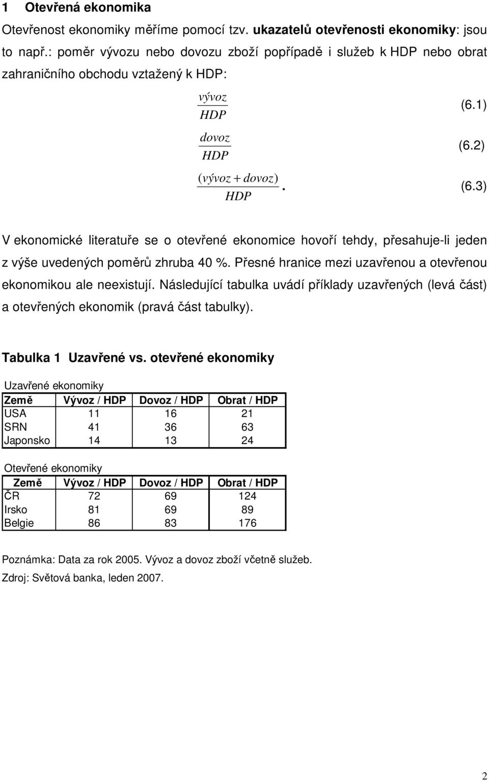 1) (6.2) ( vývoz + dovoz). (6.3) HDP V ekonomické literatuře se o otevřené ekonomice hovoří tehdy, přesahuje-li jeden z výše uvedených poměrů zhruba 40 %.