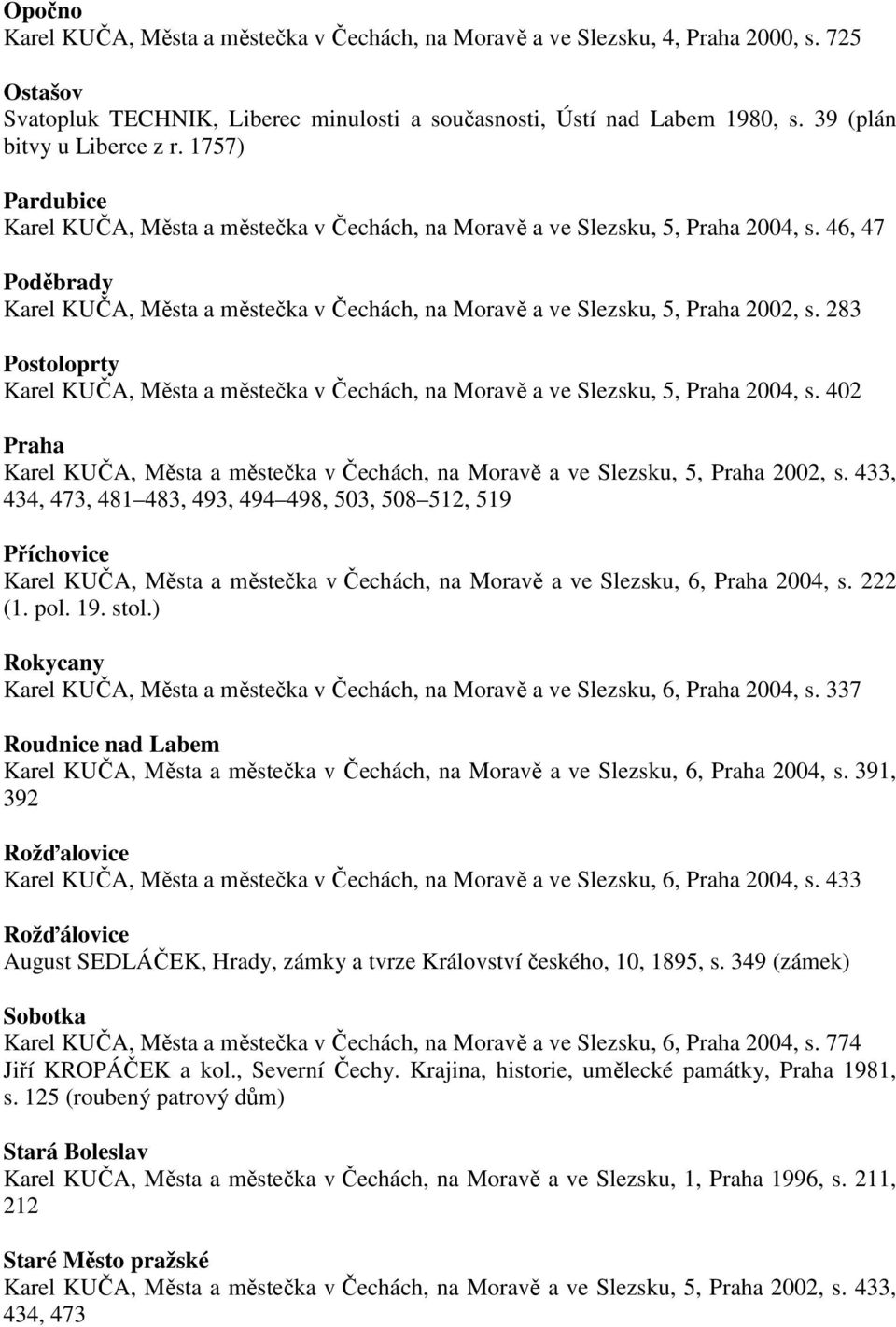 46, 47 Poděbrady Karel KUČA, Města a městečka v Čechách, na Moravě a ve Slezsku, 5, Praha 2002, s. 283 Postoloprty Karel KUČA, Města a městečka v Čechách, na Moravě a ve Slezsku, 5, Praha 2004, s.