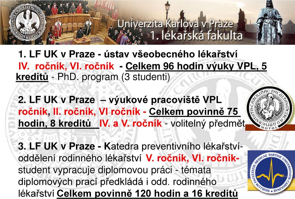 Lékařská fakulta UK, Ústav všeobecného lékařství hodin, 8 kreditů IV. a V. ročník - volitelný předmět Výuka: 3 + 3 předměty 3.