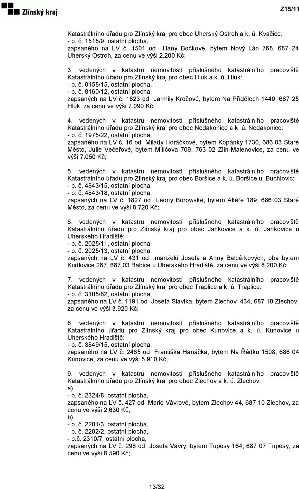 vedených v katastru nemovitostí příslušného katastrálního pracoviště Katastrálního úřadu pro Zlínský kraj pro obec Hluk a k. ú. Hluk: - p. č. 8158/15, ostatní plocha, - p. č. 8160/12, ostatní plocha, zapsaných na LV č.