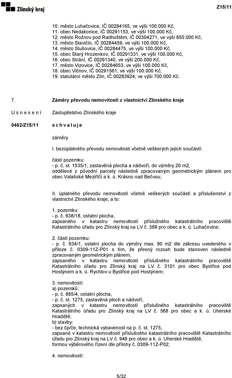 obec Strání, IČ 00291340, ve výši 200.000 Kč, 17. město Vizovice, IČ 00284653, ve výši 100.000 Kč, 18. obec Vlčnov, IČ 00291561, ve výši 100.000 Kč, 19.