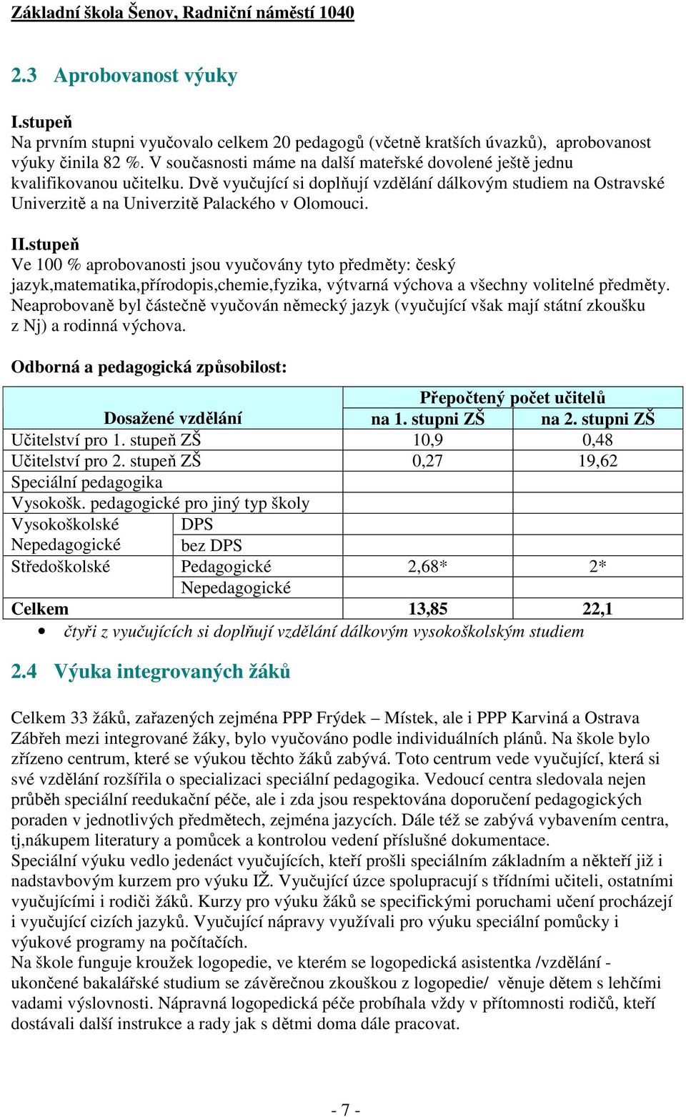 stupeň Ve 100 % aprobovanosti jsou vyučovány tyto předměty: český jazyk,matematika,přírodopis,chemie,fyzika, výtvarná výchova a všechny volitelné předměty.