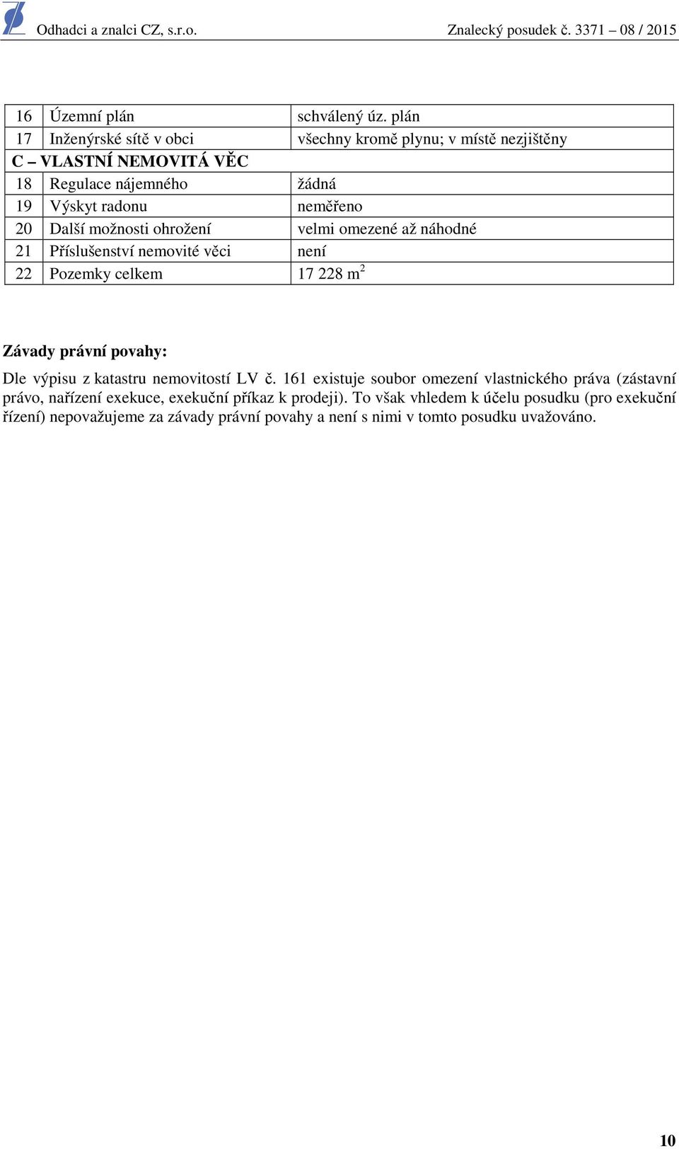 20 Další možnosti ohrožení velmi omezené až náhodné 21 Příslušenství nemovité věci není 22 Pozemky celkem 17 228 m 2 Závady právní povahy: Dle výpisu