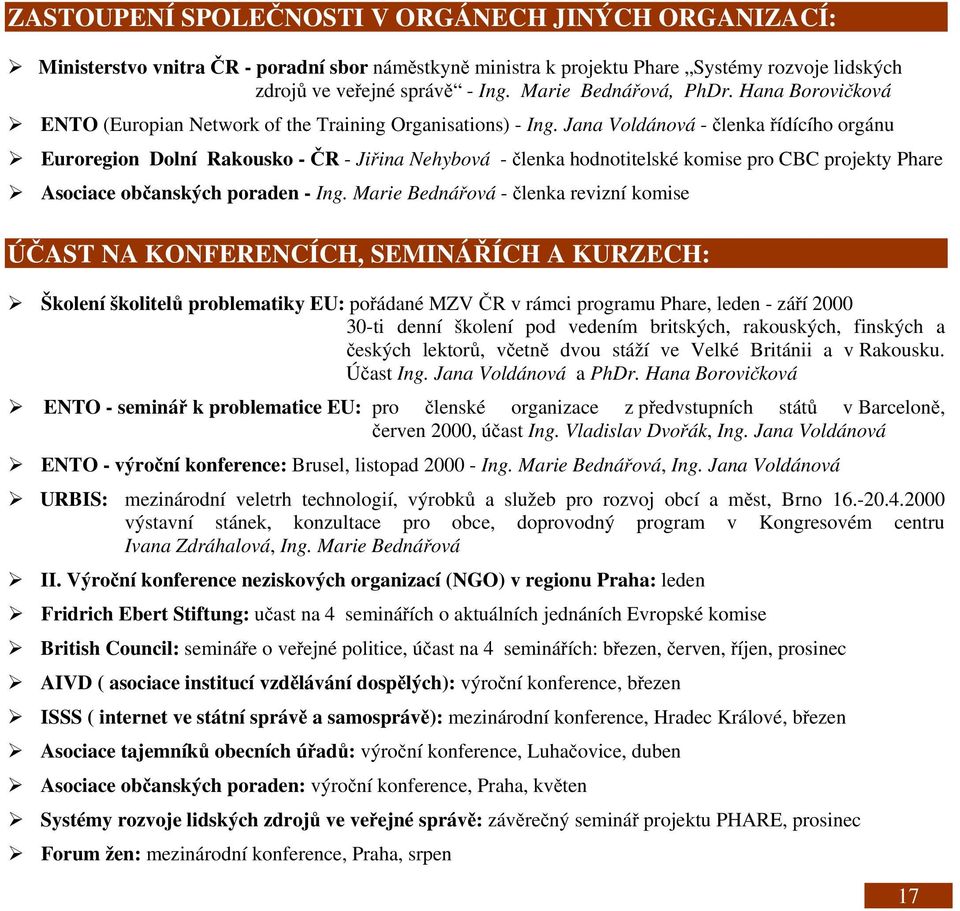 Jana Voldánová - členka řídícího orgánu Euroregion Dolní Rakousko - ČR - Jiřina Nehybová - členka hodnotitelské komise pro CBC projekty Phare Asociace občanských poraden - Ing.