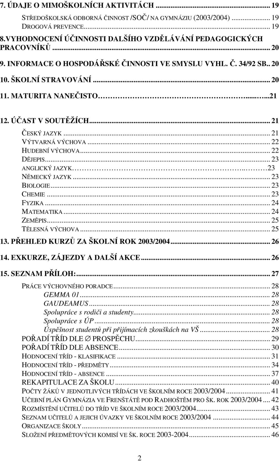 .. 22 HUDEBNÍ VÝCHOVA... 22 DĚJEPIS... 23 ANGLICKÝ JAZYK.. 23 NĚMECKÝ JAZYK... 23 BIOLOGIE... 23 CHEMIE... 23 FYZIKA... 24 MATEMATIKA... 24 ZEMĚPIS... 25 TĚLESNÁ VÝCHOVA... 25 13.