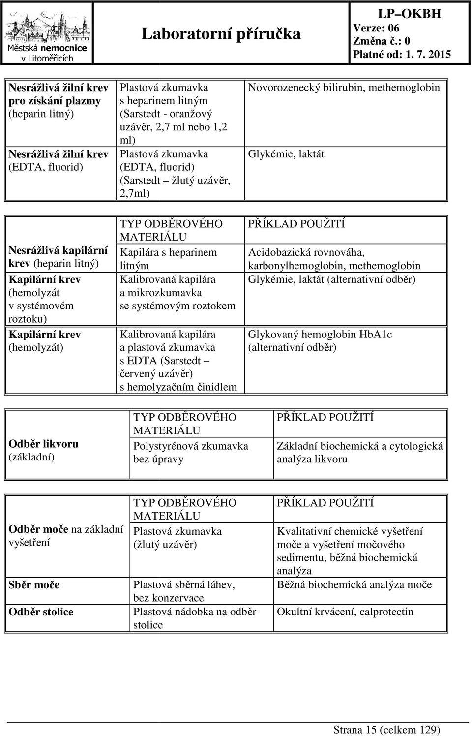 heparinem litným Kalibrovaná kapilára a mikrozkumavka se systémovým roztokem Kalibrovaná kapilára a plastová zkumavka s EDTA (Sarstedt červený uzávěr) s hemolyzačním činidlem Novorozenecký bilirubin,